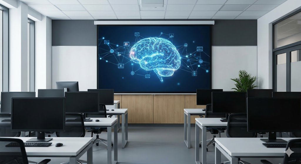 A high quality photograph of a modern classroom with a large presentation screen showing a glowing digital brain neural network.