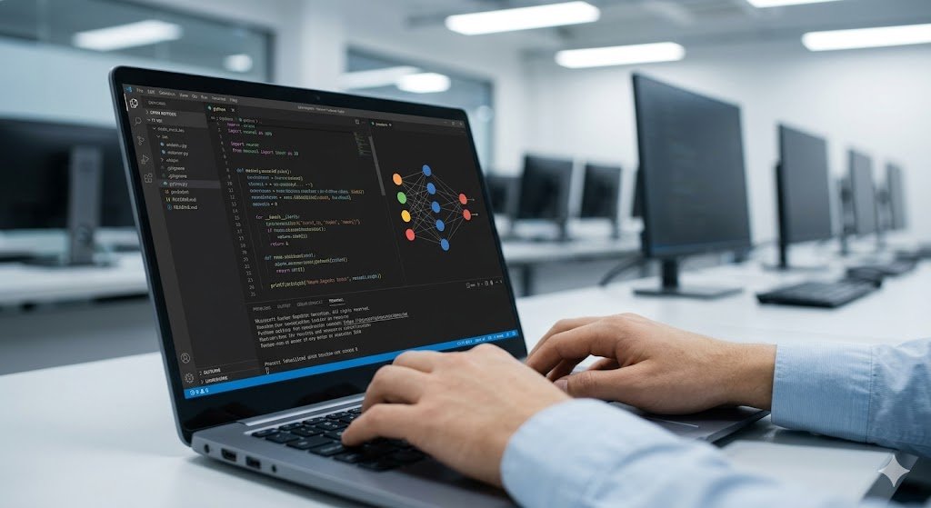 A photorealistic close up of a student typing code (Python and neural networks) in a clean IT lab environment.