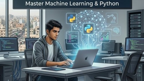 A professional illustration of a young man working on a laptop at a desk within a modern IT lab. Above the laptop floats a glowing infographic of a neural network brain containing Python logos, a robotic arm, bar charts, and a brain icon. A large text banner at the top reads, "BEST AI COURSE IN NORTH NAZIMABAD - Master Machine Learning & Python". The background includes other computer stations, a server rack, and a view of a city through a large window.