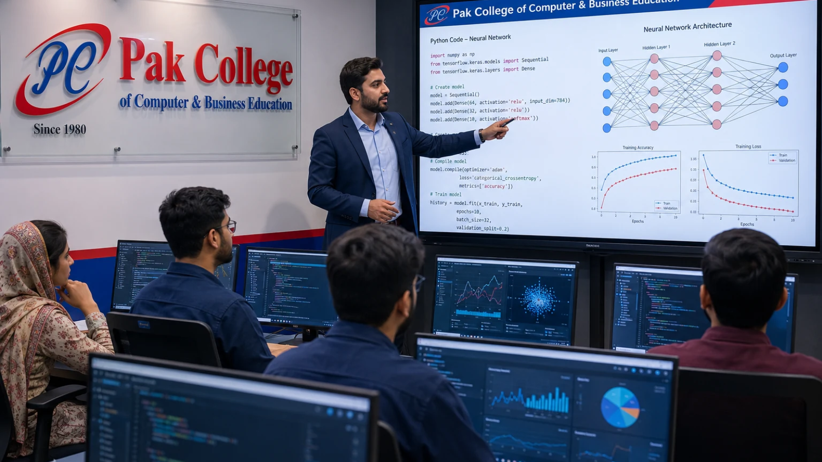 Students learning Python and machine learning in Artificial Intelligence course at Pak College North Nazimabad Karachi